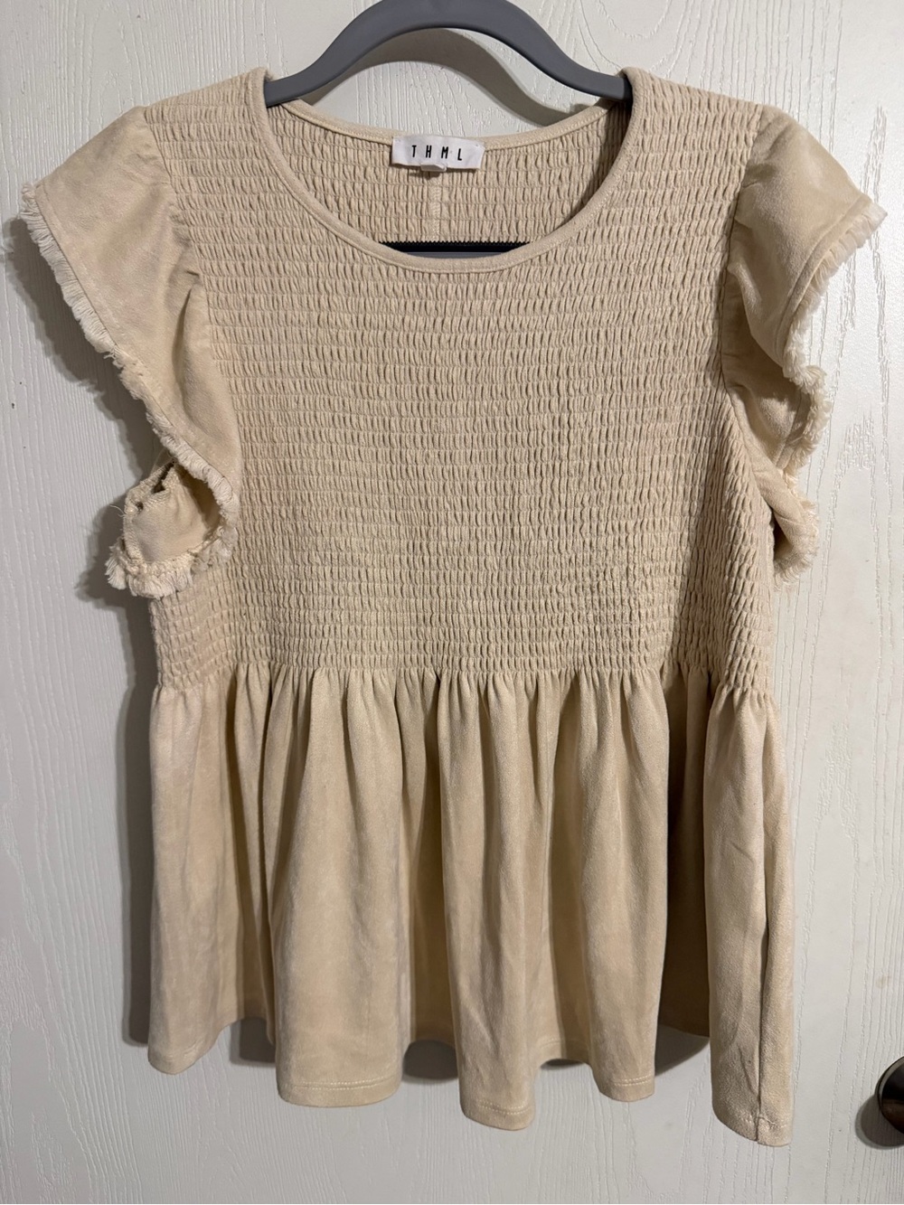 THML size S beige short sleeved shirt with smocking and fringe